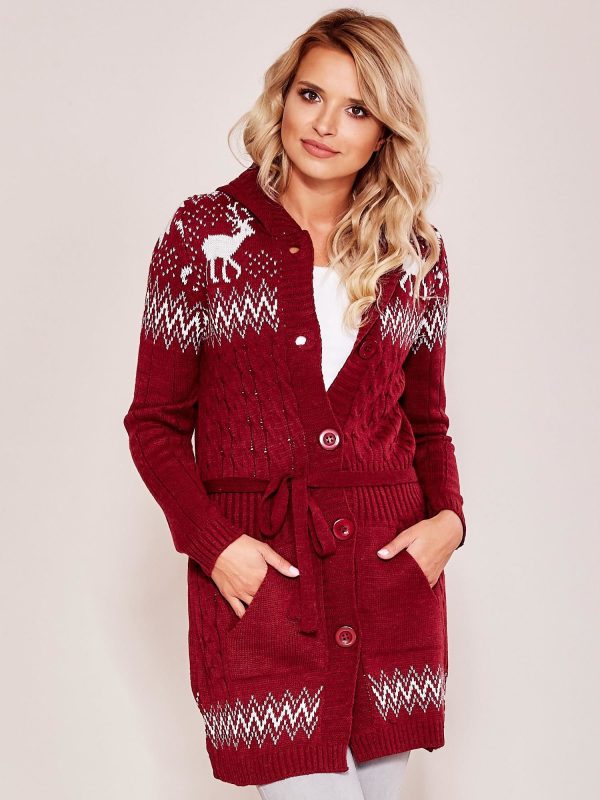 Wholesale Burgundy patterned hooded sweater