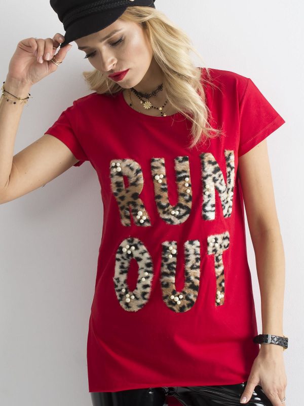 Wholesale Red long t-shirt with fur lettering and pearls