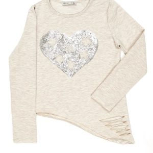 Wholesale Beige asymmetrical girl blouse with sequin heart