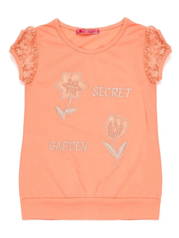 Wholesale Orange girl blouse with lace sleeves and flowers