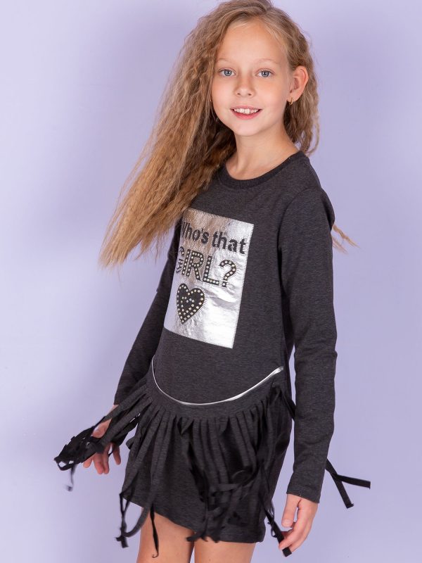 Wholesale Dark grey dress for a girl with fringes