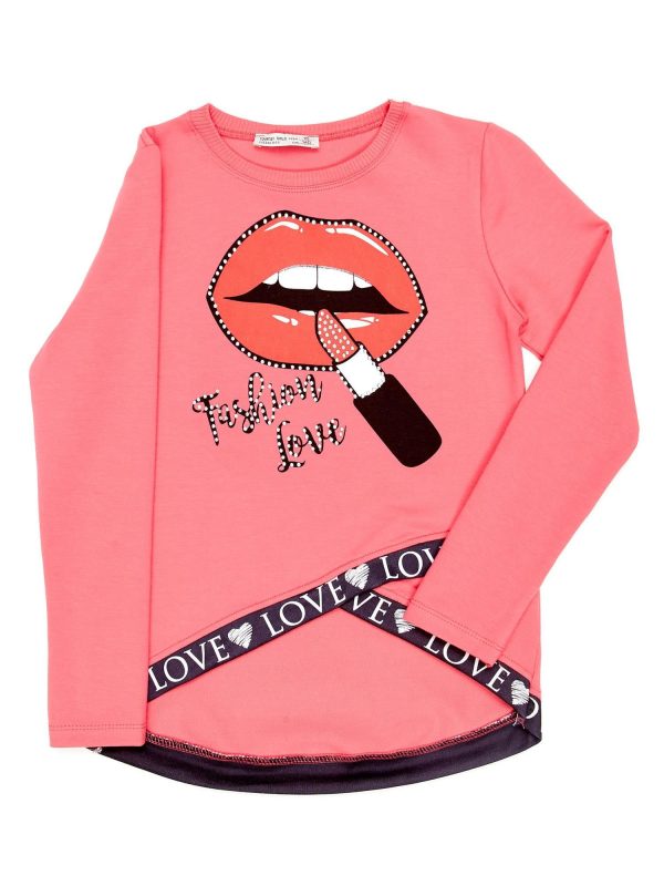 Wholesale Dark pink asymmetrical girl blouse with lip print