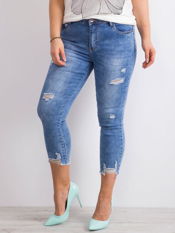 Wholesale Blue denim pants with plus size abrasions