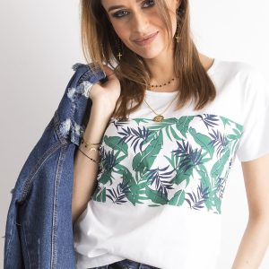 Wholesale Tropical Leaf Print White T-Shirt