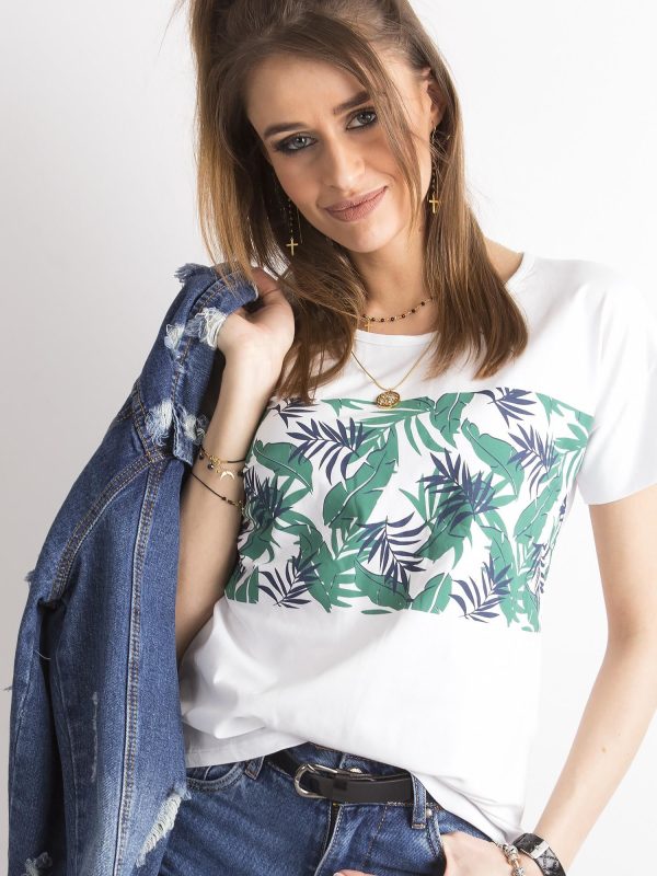 Wholesale Tropical Leaf Print White T-Shirt