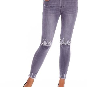 Wholesale Grey jeans trousers with pearls and abrasions