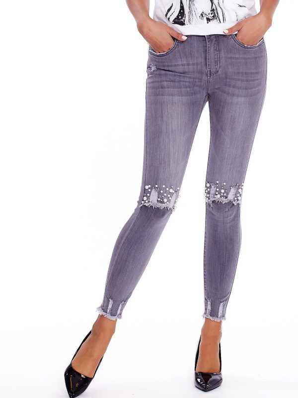 Wholesale Grey jeans trousers with pearls and abrasions