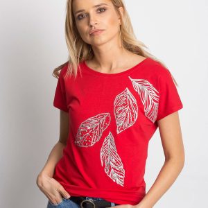 Wholesale Red t-shirt with floral motif and pearls