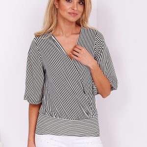 Wholesale Black striped blouse with wrap neckline