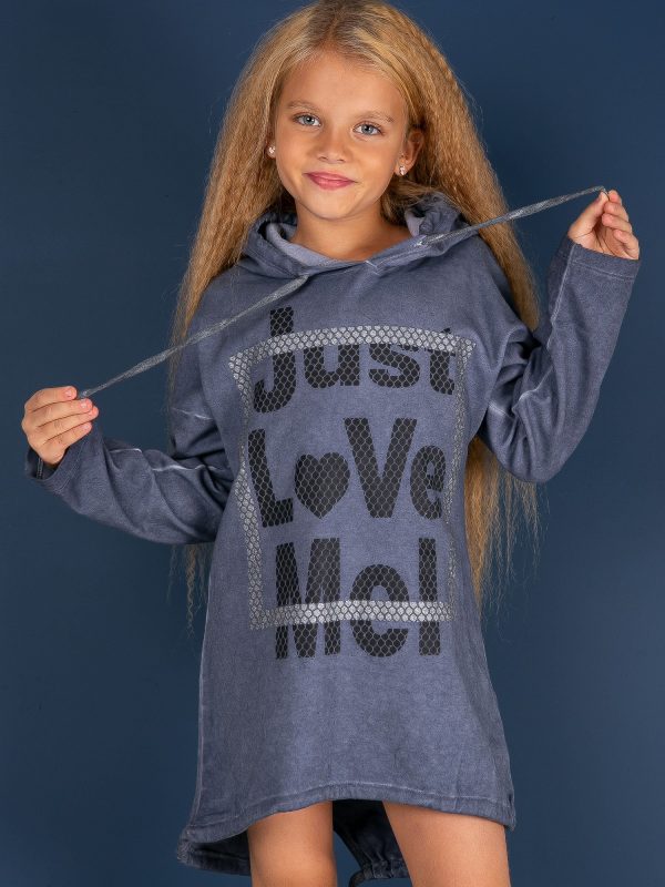 Wholesale Dark blue tunic for a girl with a hood and an inscription