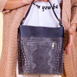 Wholesale Dark Grey Leather Bag with Crocodile Leather Motif