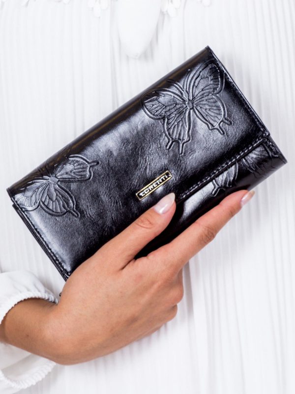 Wholesale Black Leather Wallet in Embossed Butterflies