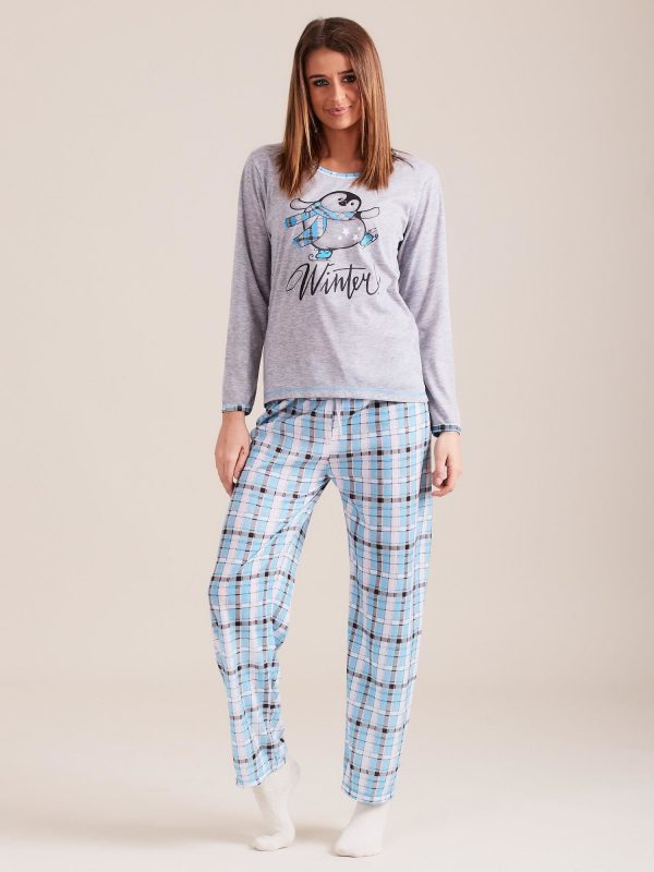 Wholesale Grey-light blue pajamas with checkered motif