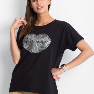 Wholesale Black t-shirt with lip motif