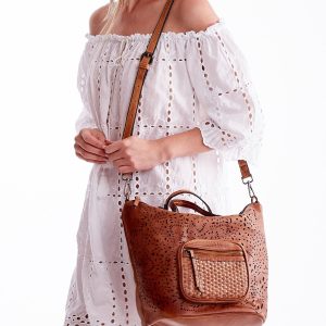 Wholesale Brown openwork bag with woven pocket