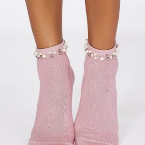 Wholesale FULLOFF Pink glitter socks with pearls