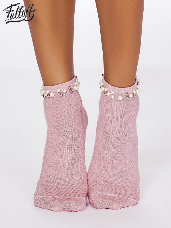 Wholesale FULLOFF Pink glitter socks with pearls