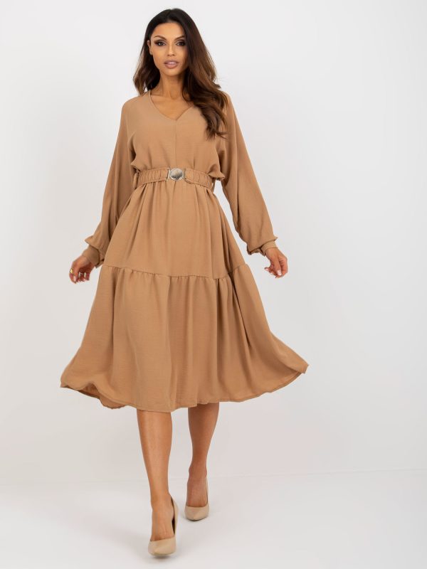 Wholesale Camel midi dress with ruffle and belt OCH BELLA