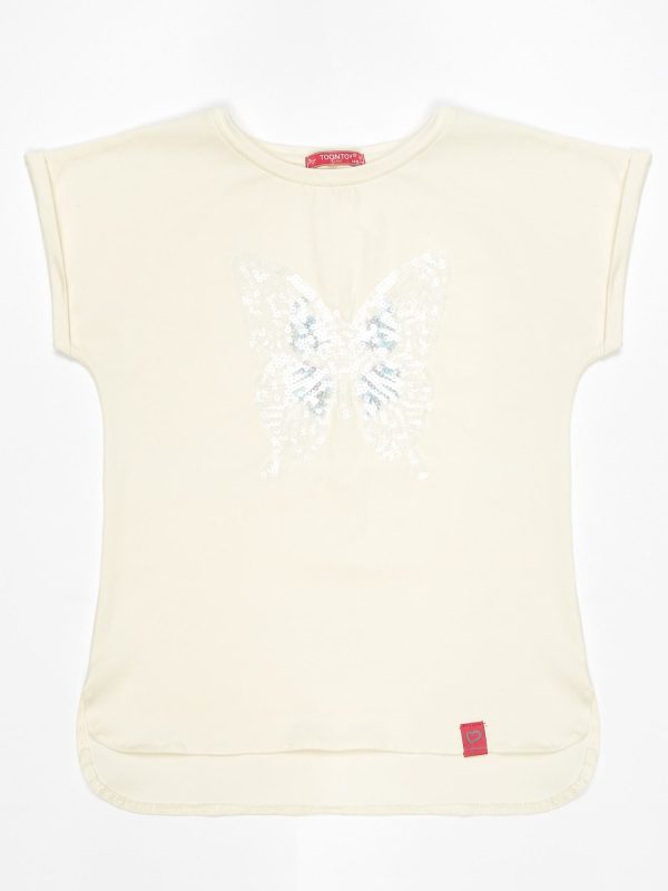 Wholesale Ecru t-shirt for girl with sequin butterfly