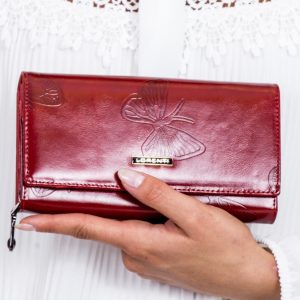 Wholesale Red leather wallet in embossed butterflies