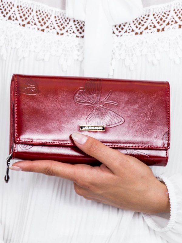 Wholesale Red leather wallet in embossed butterflies