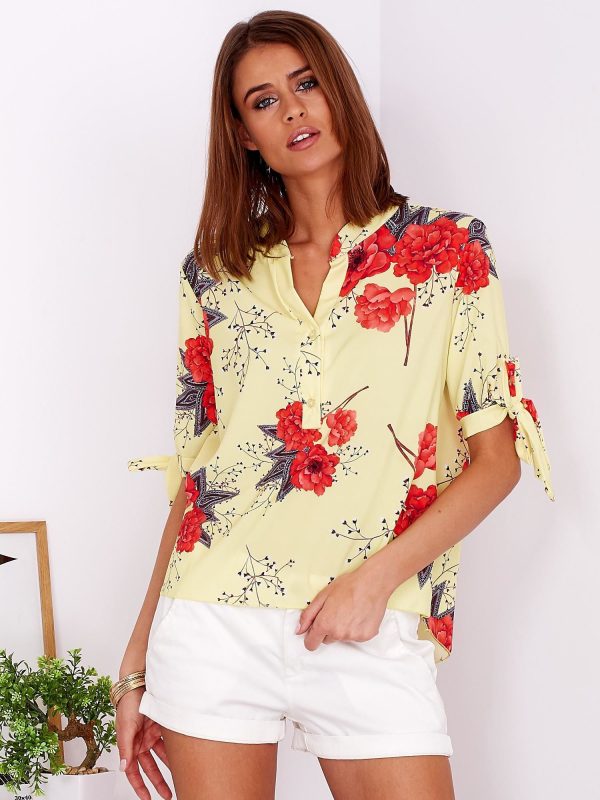 Wholesale Yellow floral blouse with buttons and bindings