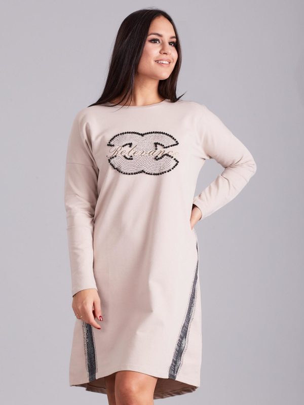 Wholesale Beige sweatshirt dress with rhinestones