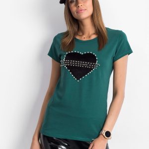 Wholesale Dark green t-shirt with velvet heart and pearls