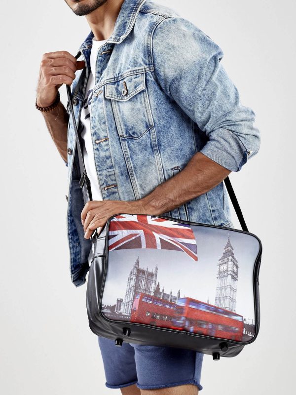 Wholesale Black eco-leather men's bag with London motif