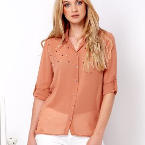 Wholesale Brown chiffon shirt with pearls