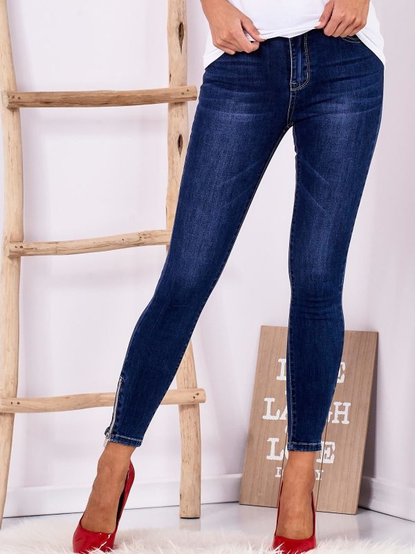 Wholesale Dark blue high waist jeans with zippers