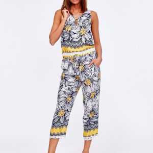 Wholesale Navy blue and yellow patterned set top and trousers