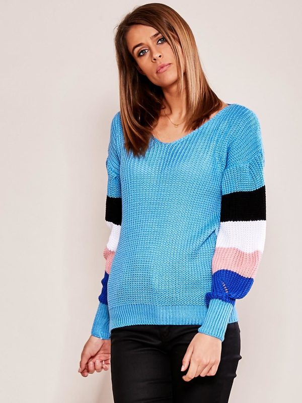 Wholesale Blue sweater with striped sleeves