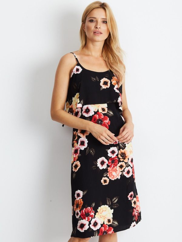 Wholesale Black dress with colorful floral patterns