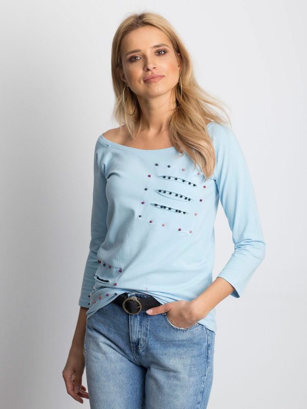 Wholesale Light blue blouse with colorful pearls and slits