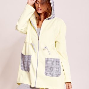 Wholesale Light yellow cardigans with hood and waist rib