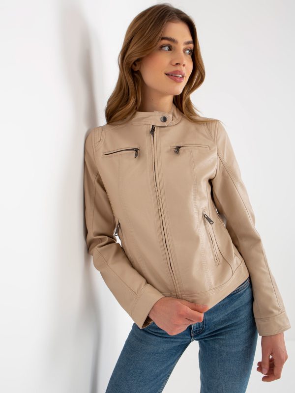 Wholesale Beige women's eco-leather biker jacket with lining