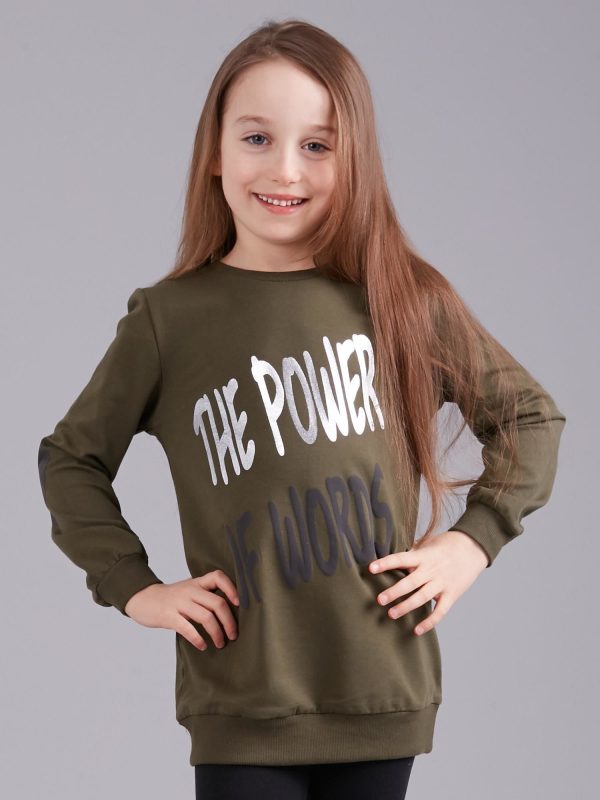 Wholesale Khaki girl's sweatshirt with print and appliqué