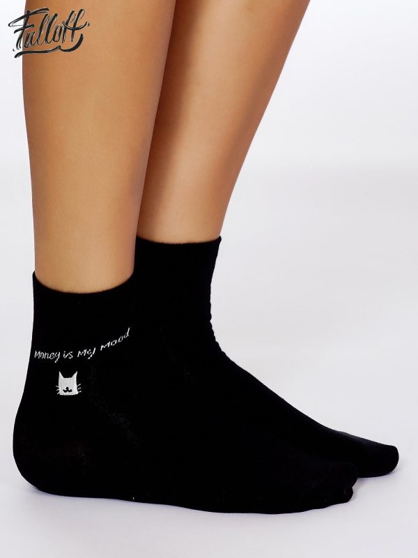 Wholesale FULLOFF Black socks with cat stripe and inscription