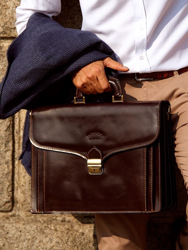 Wholesale Dark Brown Leather Men's Briefcase with Detachable Strap