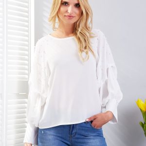 Wholesale White blouse with draped sleeves and pearls