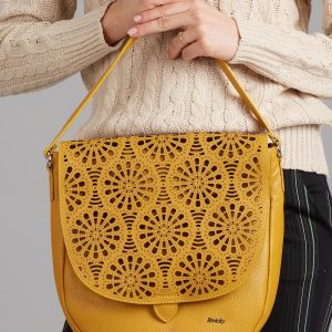 Wholesale Mustard leather bag with openwork flip