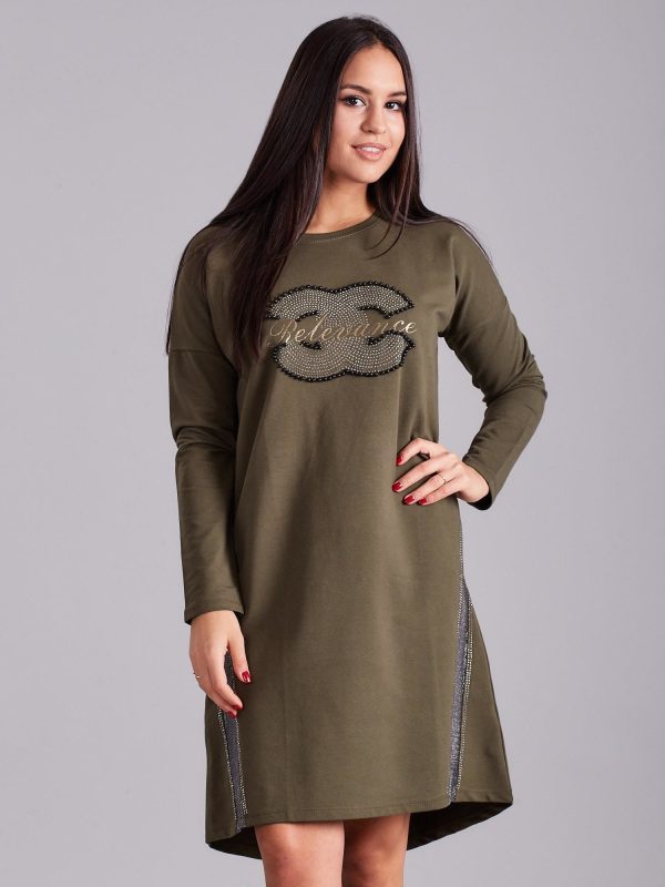 Wholesale Khaki sweatshirt dress with rhinestones