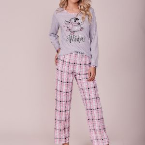 Wholesale Gray-light pink pyjamas with plaid motif