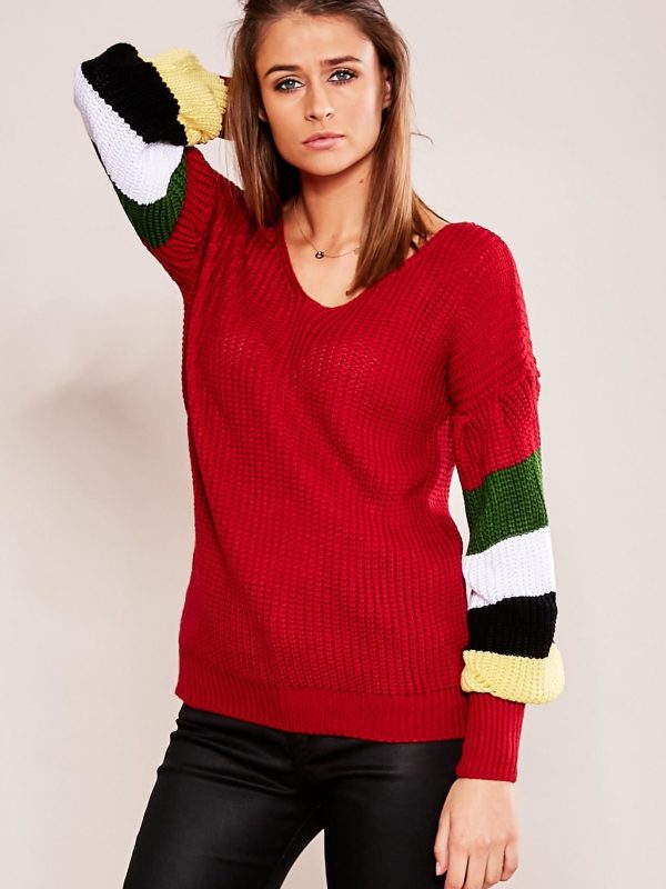 Wholesale Burgundy sweater with striped sleeves