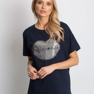 Wholesale Navy blue t-shirt with lip motif