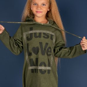 Wholesale Khaki tunic for a girl with a hood and inscription