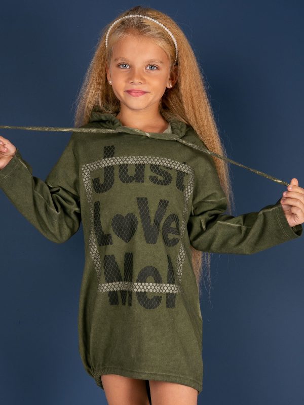 Wholesale Khaki tunic for a girl with a hood and inscription