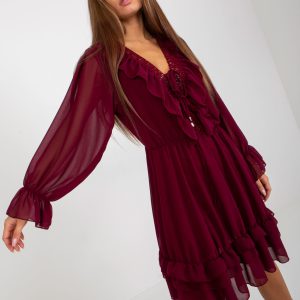 Wholesale Burgundy boho dress with ruffle and knotted neckline OCH BELLA