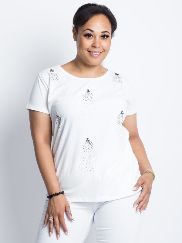 Wholesale Ecru t-shirt with pearls and rhinestones PLUS SIZE